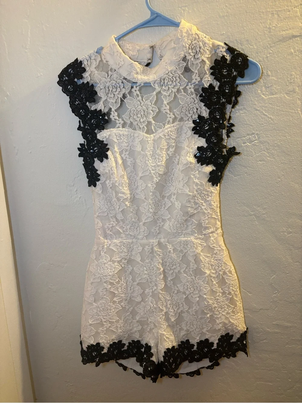 Lace Appliqué Sleeveless Romper Dress - White with Black Accents